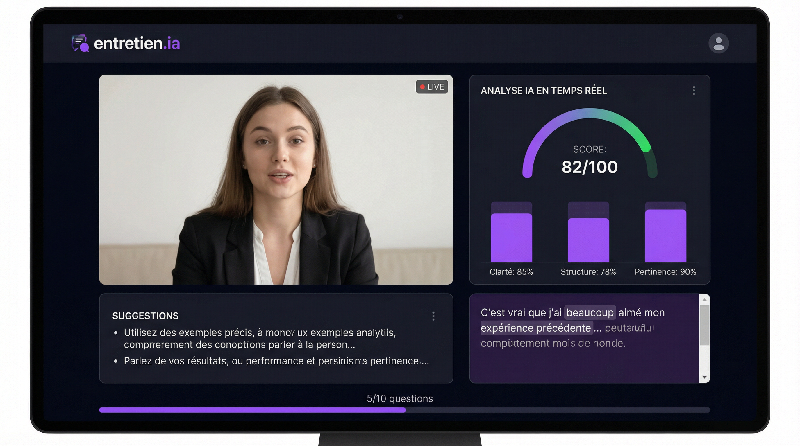 Interface Entretien IA - simulation d'entretien avec analyse en temps reel